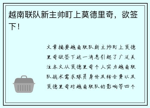 越南联队新主帅盯上莫德里奇,欲签下!